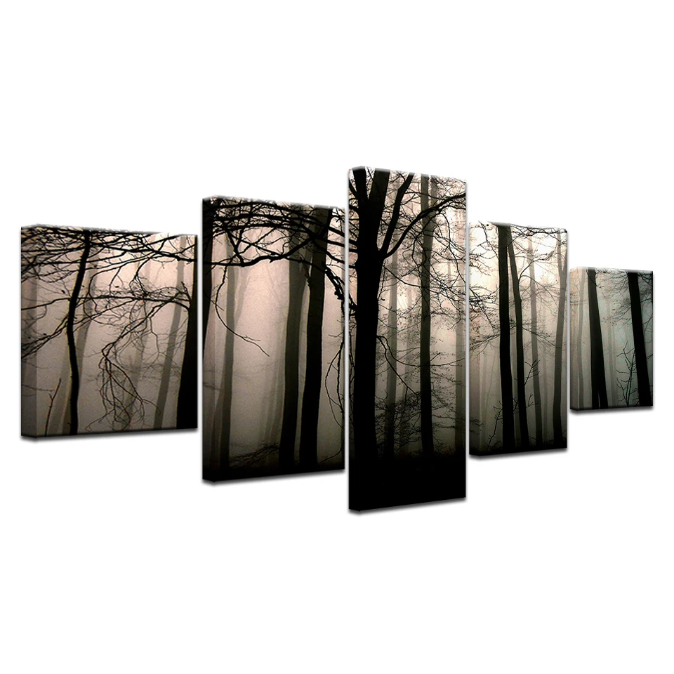 

Paintings On Canvas Home Decor Poster And Prints Wall Art 5 Pieces Fog Forest Trees Landscape Pictures For Living Room Framework