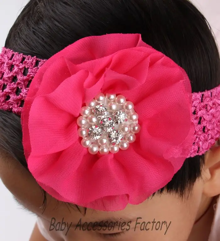 (2 шт./лот) Детские вязаные крючком шифоновые цветочные повязки с жемчужными