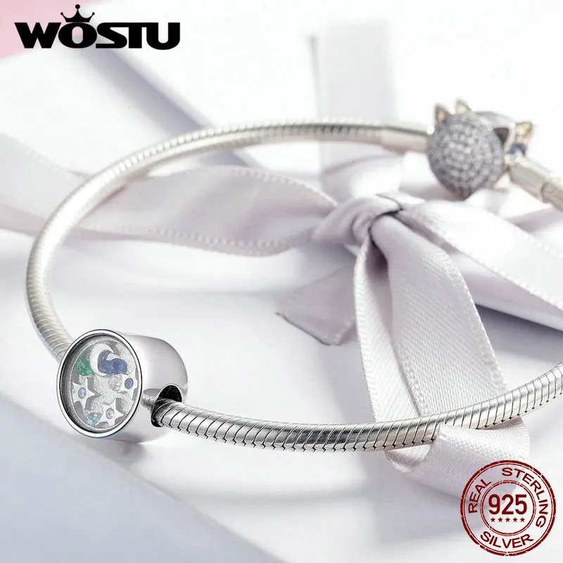 WOSTU Настоящее серебро 925 пробы бусы Шарм с Луной и звездой подходит DIY браслет