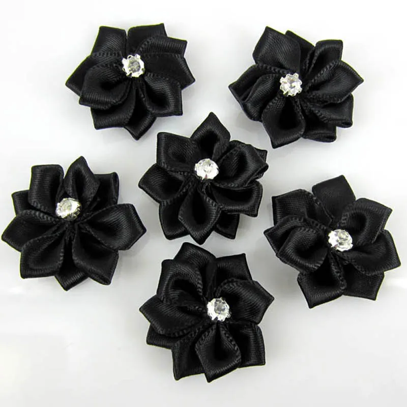 40 шт. ручной работы черный маленький атласный цветы цветок из ткани со стразами