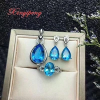 xin yi peng 925 silver plated white inlaid natural blue topaz stone pendant earrings ring jewelry set women generous