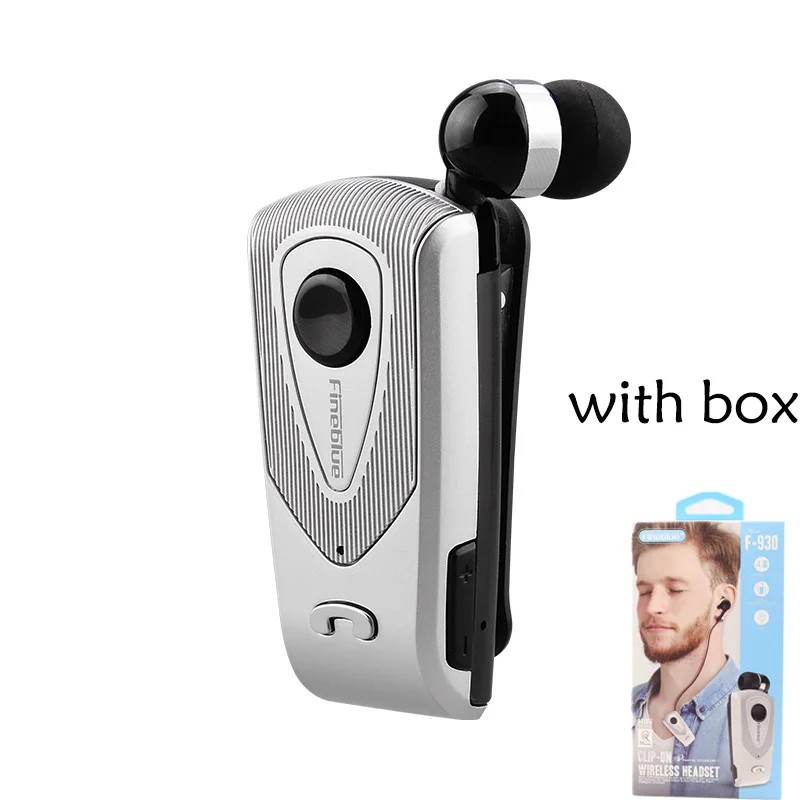 Silver with box Fineblue F930 Беспроводной Bluetooth наушники телескопического Бизнес громкой связи Bluetooth гарнитура звонки напомнить износ вибрации пульт на прищепке стерео спортивные, с микрофоном - Цвет: Silver with box