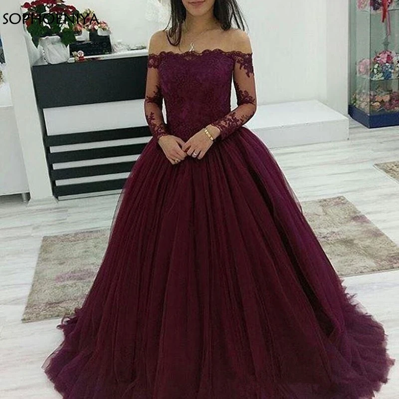 

New Arrival Off the shoulder Purple muslim evening dress Ball gown evening dress Long sleeve robe de soiree musulman