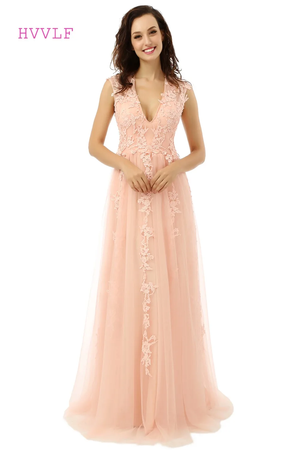 Персик вечерние платья а силуэта в пол с v образным вырезом Длина фатиновое