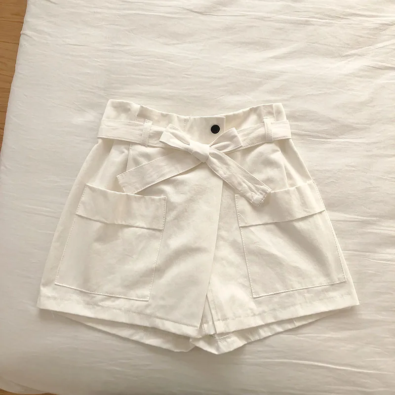 white shorts Korobov/летние шорты ярких цветов с асимметричным разрезом, короткие шорты со шнуровкой и бантом, однотонные женские шорты с высокой талией, корейские шорты с карманами, 77745 - Цвет: white shorts