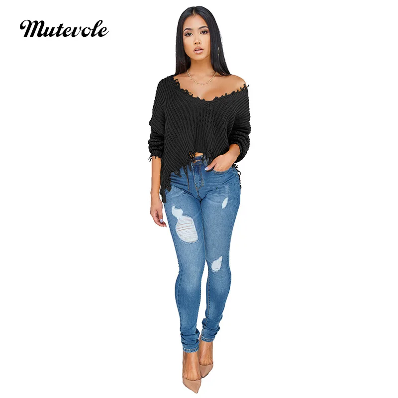 Mutevole V Neck Sweater Crop Top Women Winter Warm Knitted Pullover Female Casual Solid Color Long Sleeve Basic | Женская одежда