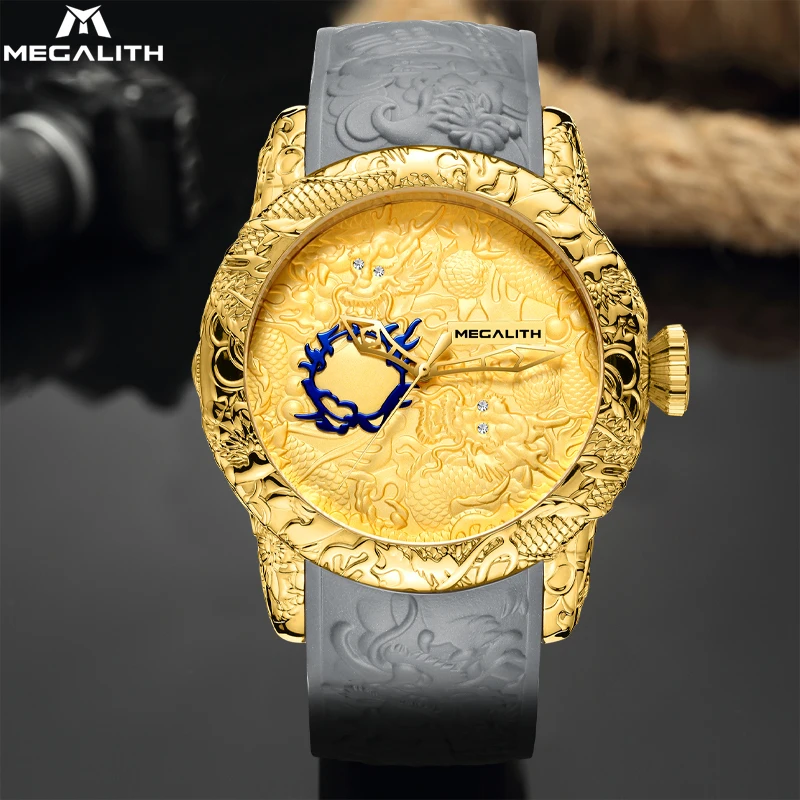 MEGALITH роскошные золотые скульптура дракона часы спортивные полностью стальные