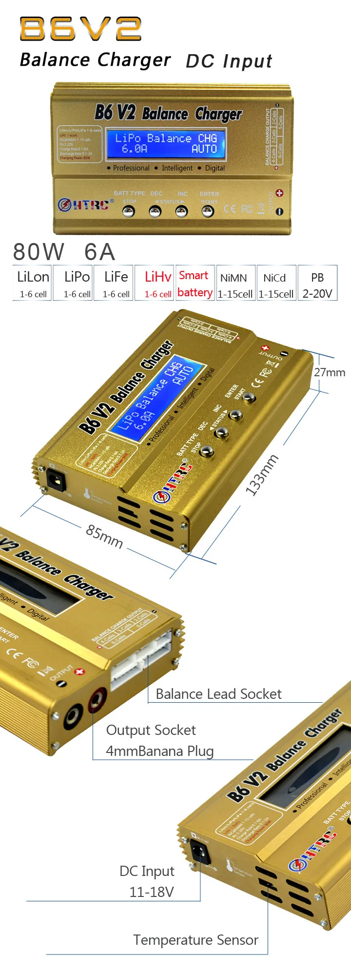 LiPo батарея баланс зарядного устройства Imax b6 v2Dis зарядное устройство HTRC B6V2 80 Вт 6A 1-6S DC11-18V для литий-ионной жизни NiCd NiMH LiHV PB умная батарея