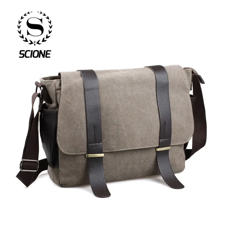 

Scione Men's Canvas Messenger Bags Vintage PU Leather Office Briefcase High Quality Travel School Teenager Satchels Shoulder Bag