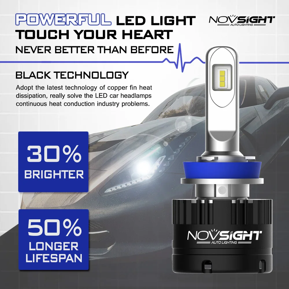 

2Pcs NOVSIGHT LED Headlights H11 H8 80W 14400LM Car Driving Lamps IP68 Waterproof 5500K White Light Auto Bulb Headlamp DC 9V-16V