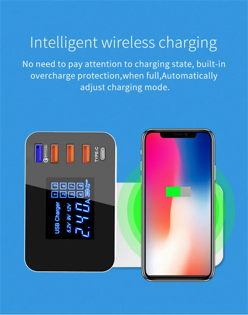 QI Беспроводное зарядное устройство Quick Charge 3,0 Smart usb type C зарядная станция концентратор светодиодный дисплей адаптер питания для быстрой зарядки Настольная лента