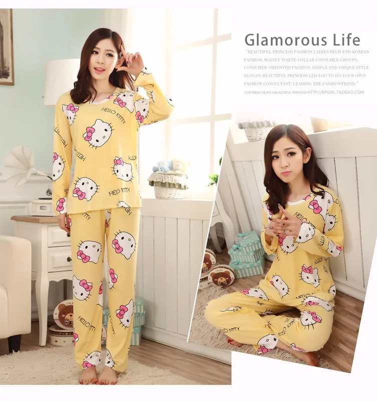 Женские хлопковые пижамы hello kitty, комплекты ночного белья, мягкая Пижама женская ночная рубашка, модные стильные пижамные комплекты, Новое поступление PJM004