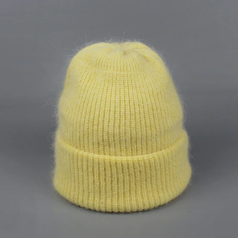 Yellow Женская осенне-зимняя теплая вязаная шапка из кроличьего меха, толстые двухслойные шерстяные шапки Skullies, Женская лыжная шапка, теплая шерстяная шапка Gorro - Цвет: Yellow