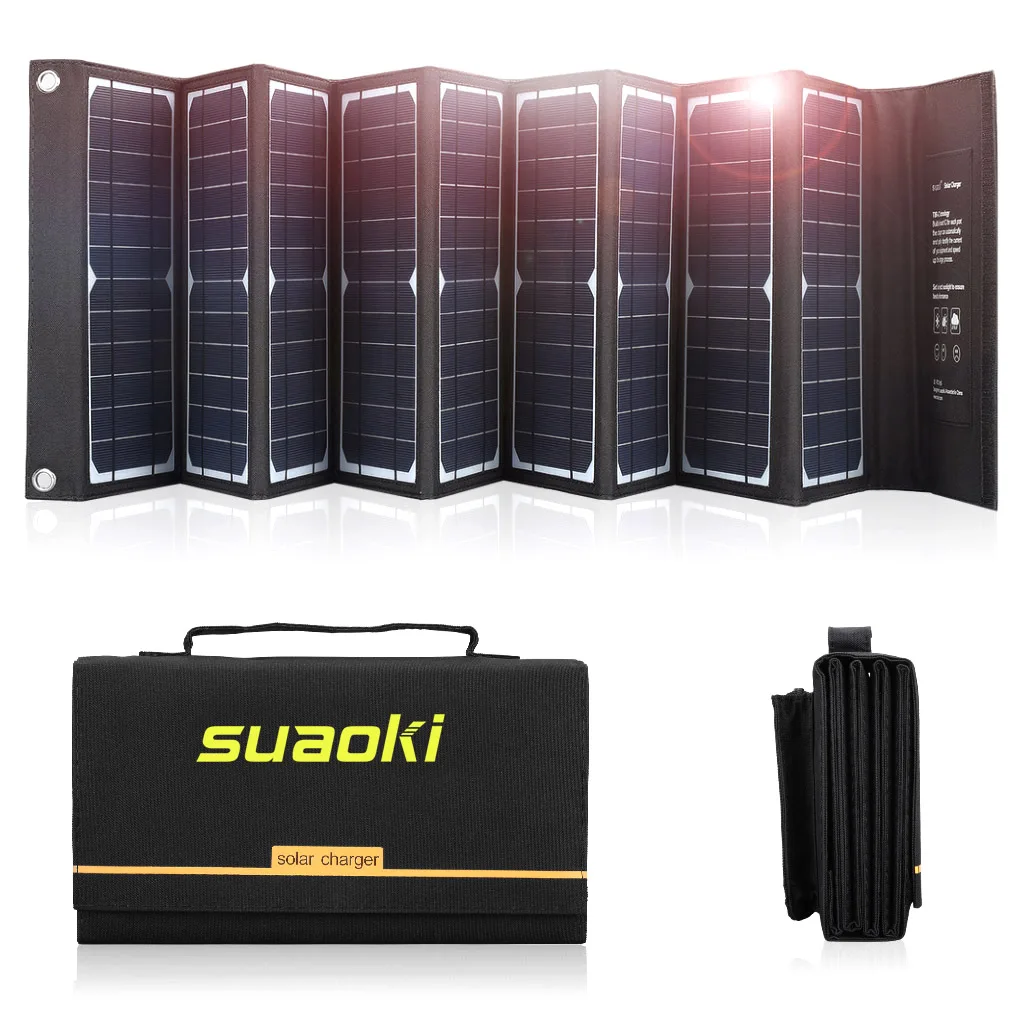 Suaoki 60 W Солнечное зарядное устройство портативная складная солнечная энергия с сдвоенный Выход DC 18 V/3.4A(макс) и USB 5 V/2.1A для телефонов ноутбуков