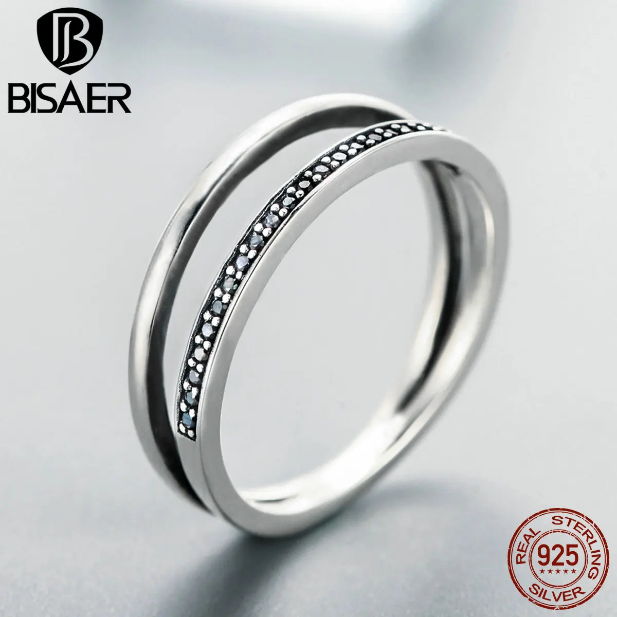 BISAER, 925 пробы, серебряное кольцо, Настройка канала, черная и белая полоса, неправильные кольца на палец для женщин, обручальное ювелирное изделие SR082