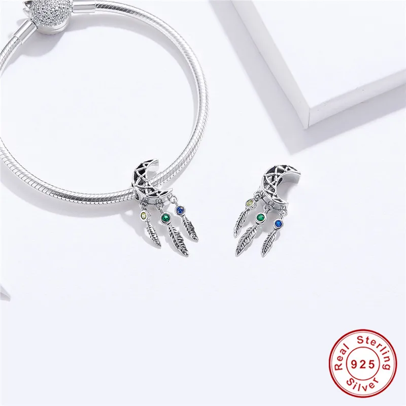 Fit Pandora браслет серебро 925 оригинальные богемные украшения с перьями S925 Винтаж Круглый Циркон сказка луна бусины для изготовления ювелирных изделий