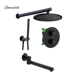 Смеситель для ванны Smesiteli, матовый черный круглый кран, термостатический клапан с 3-сторонним отверстием, латунь, 8-16 дюймов, набор для Дождевого душа