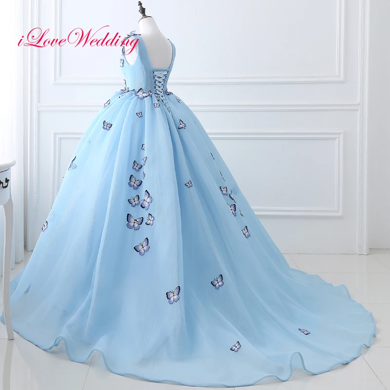 Модные светильник синее свадебное платье бальное без рукавов с аппликацией в