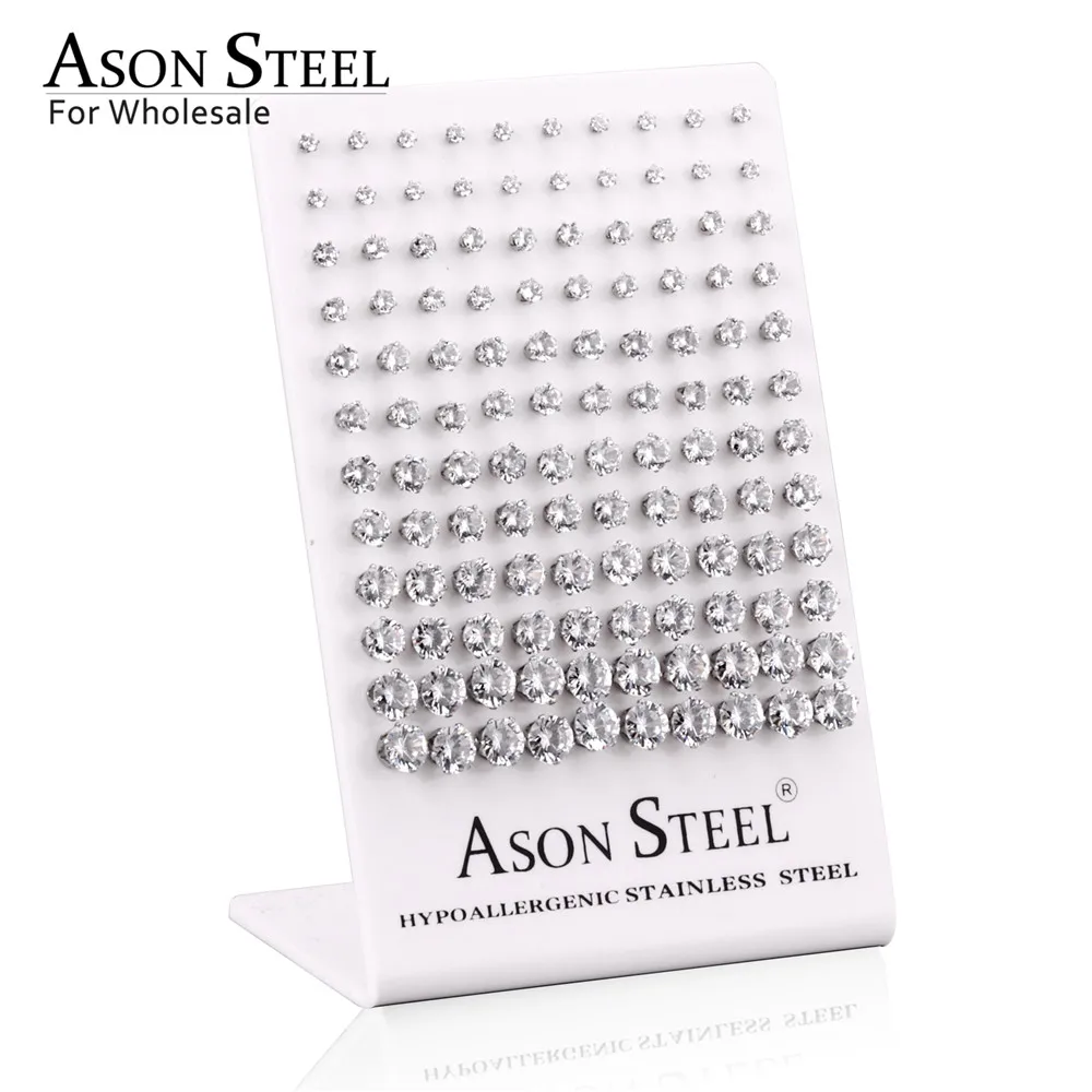 ASON steel 60 пар/лот,, прозрачные серьги-гвоздики, круглые гипоаллергенные серьги из нержавеющей стали, размер 3-8 мм(каждый размер 10 пар - Окраска металла: 1