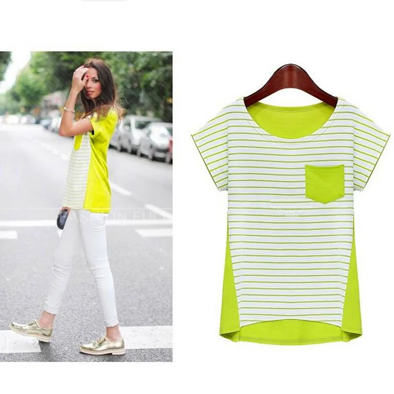 

Womens Striped Tees Section Bamboo Cotton T-Shirt Tops O-Neck Short Sleeve T Shirts Patchwork Tee Blusas Femininas