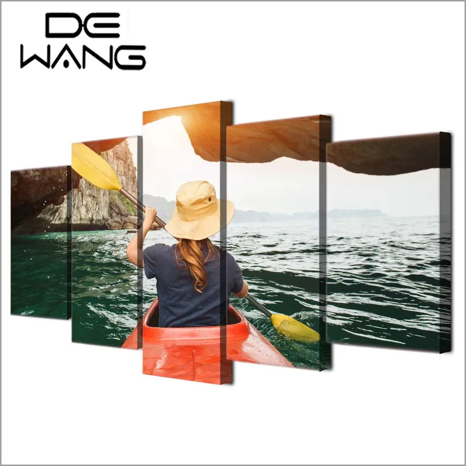 5 живописи каяк красный лодка Закат украшения холст фотографии Винтаж Домашний