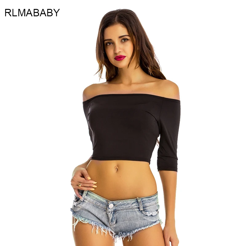 Rlmababy с плеча черный короткий Для женщин Блузка Сексуальная спинки три четверти