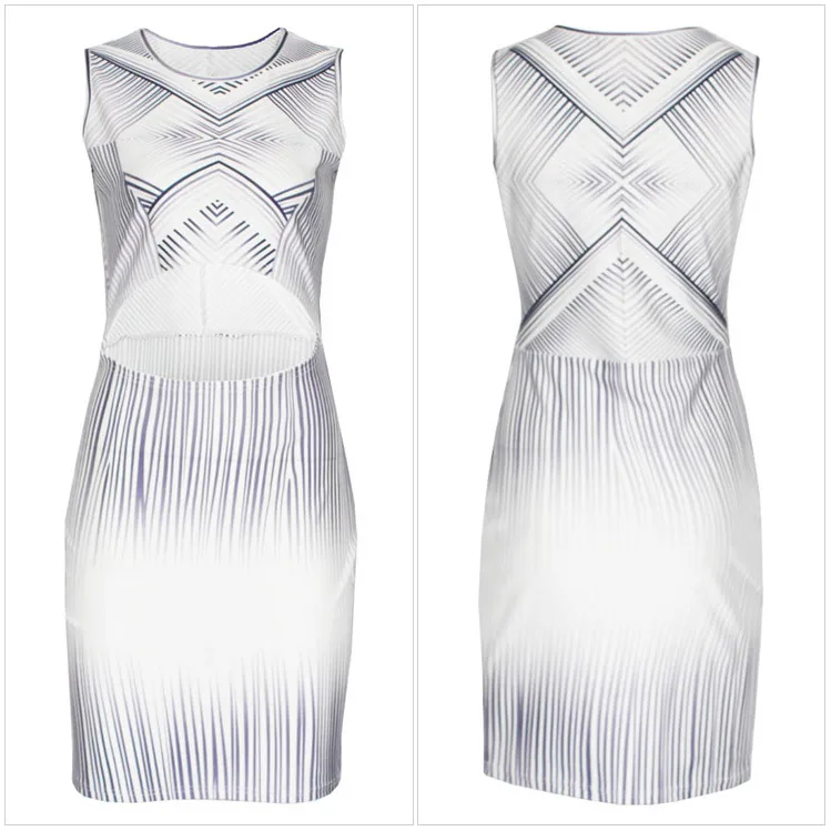 Woman White Sleeveless O-Neck Sexy Cutout Maze Striped Print Dress HL22045 | Женская одежда