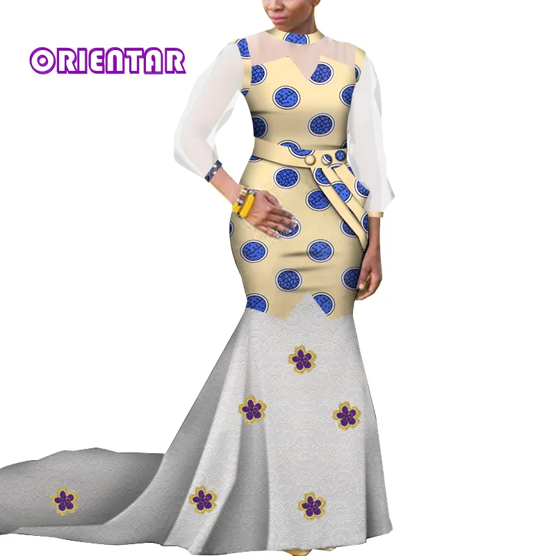 Women African Lace Dresses for Traditional Wedding Long Sleeve Dashiki Dress Elegant Lady Evening Maxi Dress WY4997