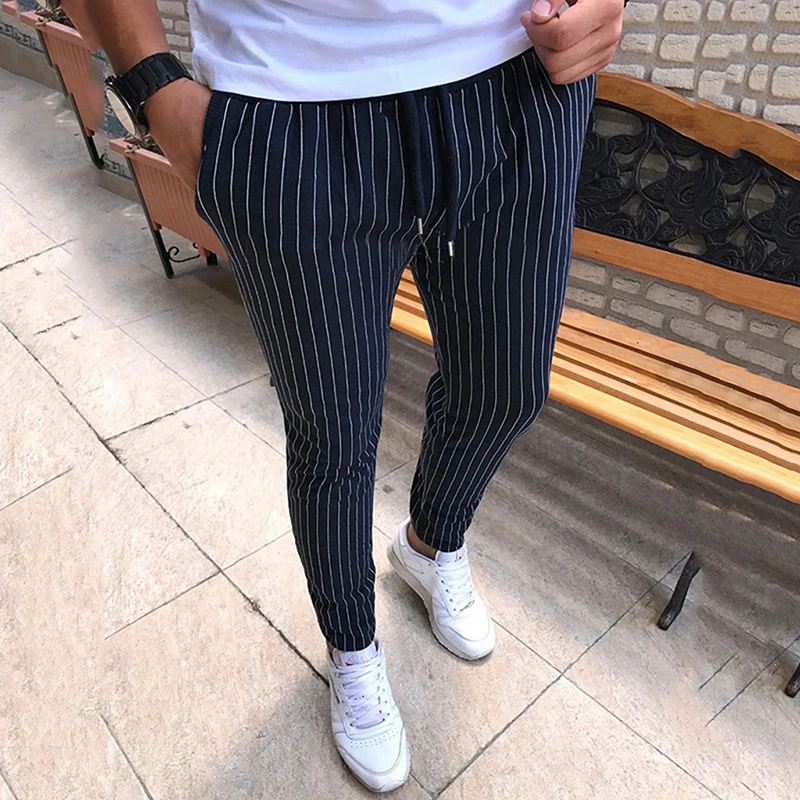 

Free shipping New Striped Pencil Pants Mens 2019 Casual Drawstring Trousers Male Street Fashion Breathable All-match Trousers