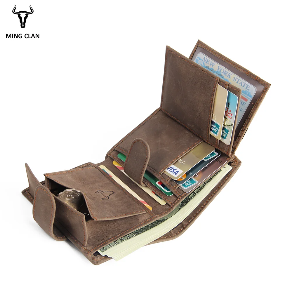 Mingclan Genuine Leather Men Purse Wallet Short Coin Purse Small Vintage Wallet Crazy Horse Card Holder Pocket Purse Men Wallets