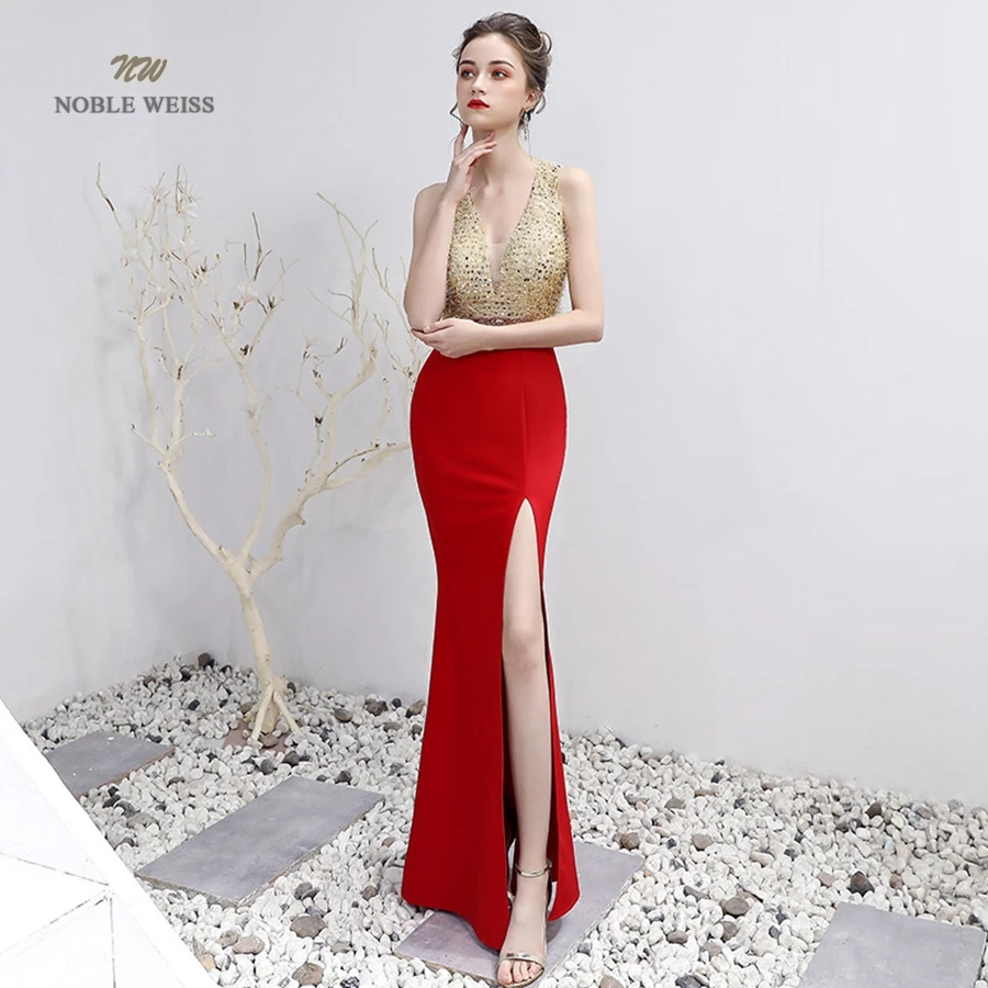 Long Prom Dresses V-Neck Beading Floor-Length Trumpet / Mermaid Sexy Prom Dress