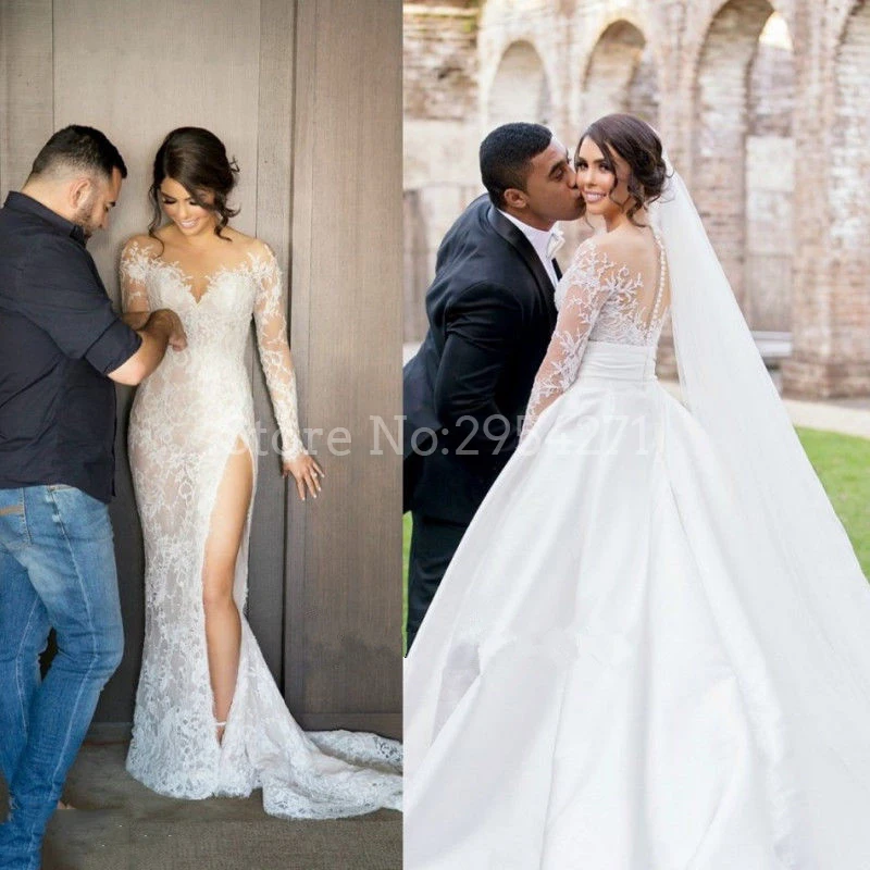 Кружевное свадебное платье с юбкой годе длинным рукавом и съемной со шлейфом