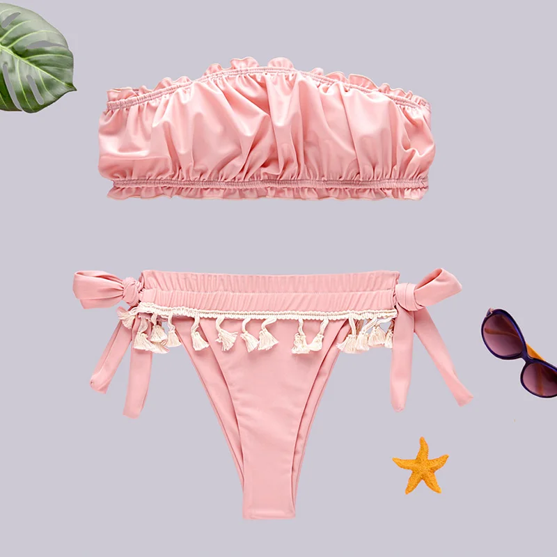 Женский купальник-бандо розовый купальный костюм с кисточками и пуш-ап оборками