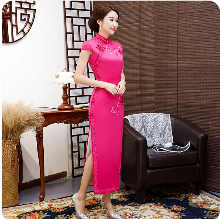 Sheng Coco размера плюс Королевский синий китайский шелк Qipao атлас Cheongsam платья Длинные Кружева Окаймленный воротник Qipao 4XL вышитые цветы