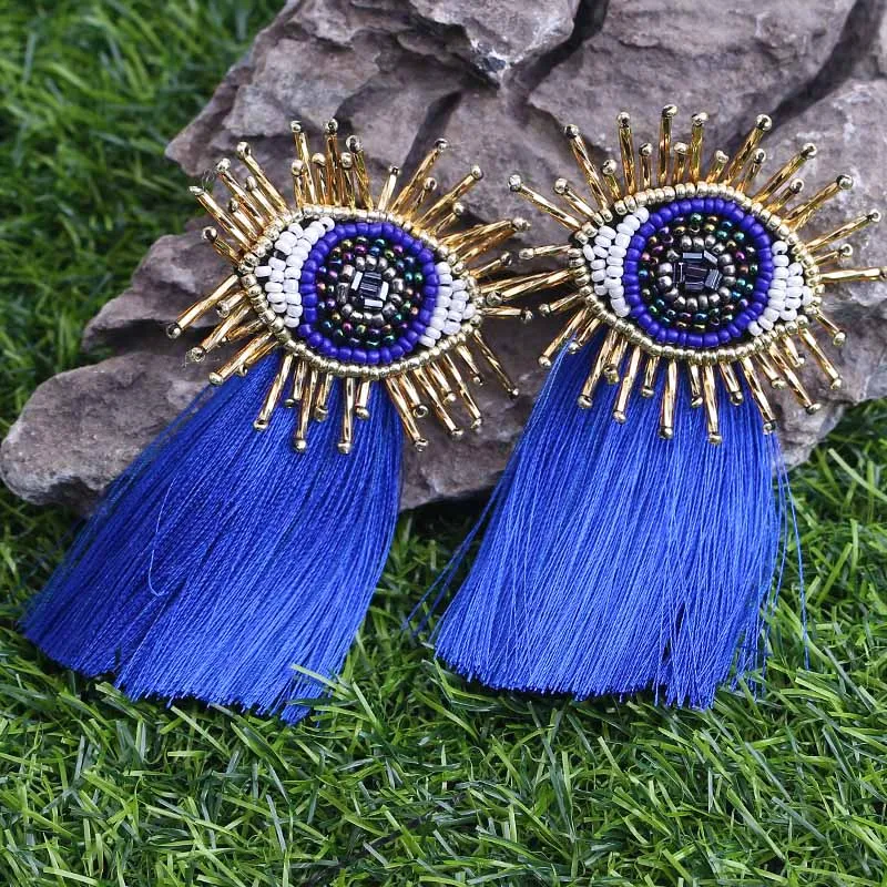 Sehuoran брендовые этнические длинные серьги с кисточками для женщин Boho Eye Beads дизайн Висячие серьги женские массивные украшения Oorbellen подарок