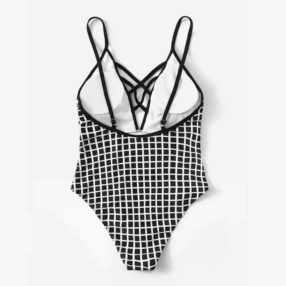 Сексуальный клетчатый купальник бандажный Цельный Женский монокини с открытой