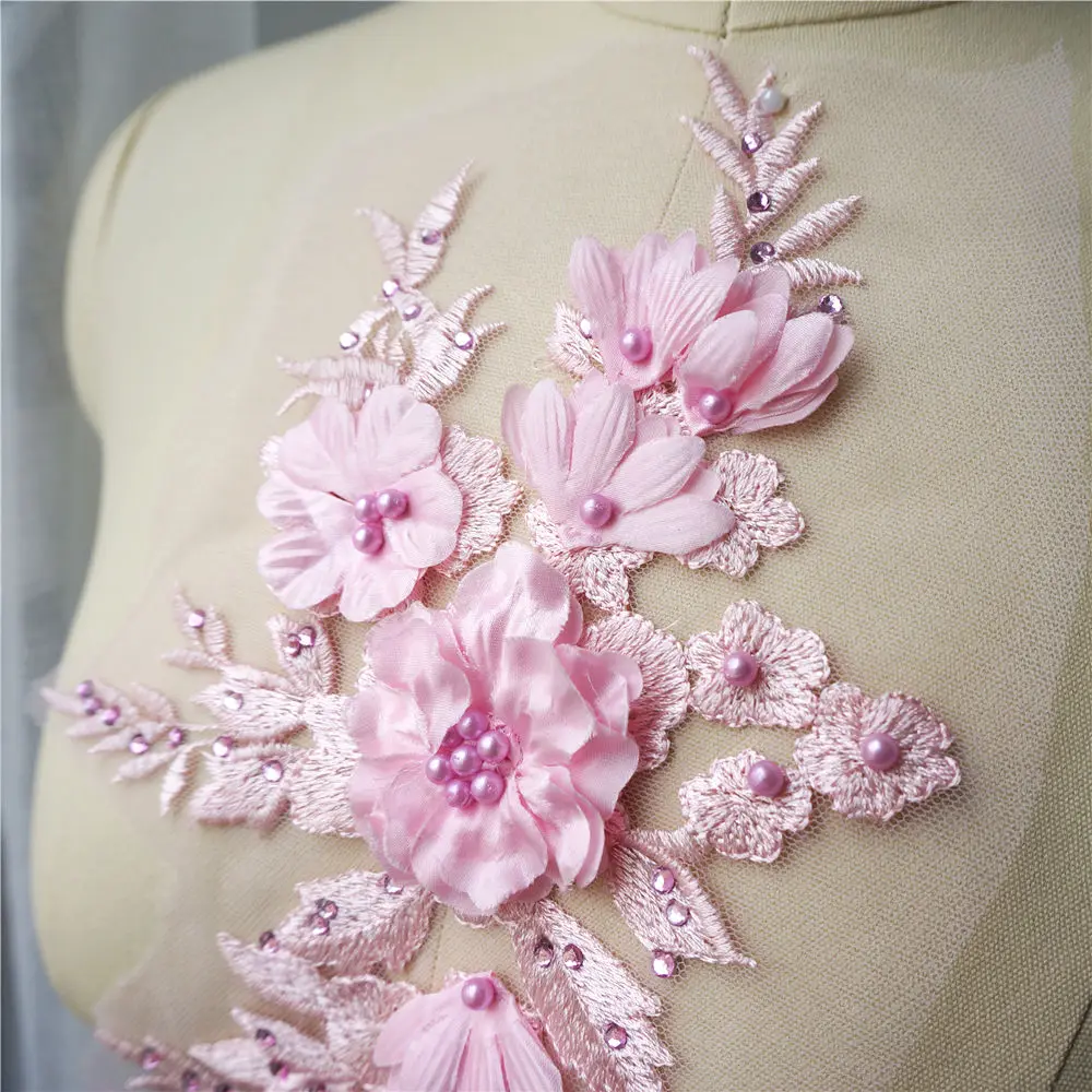 Розовые 3D Цветы стразы аппликации вышитые свадебные платья украшения сетчатые