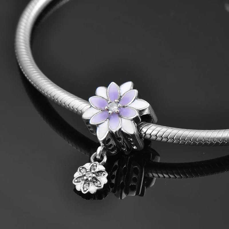 2019 925 Sterling Silver Dream Purple and white Magnolia Bloom Charm Beads Fit Original European Bracelet Jewelry making | Украшения и