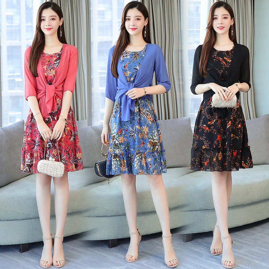 Elegant Floral Chiffon Two Piece Set Dresses Summer Vintage 4XL Plus Size Print Midi Sundress Women Bodycon Party Vestidos