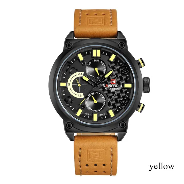 yellow NAVIFORCE, люксовый бренд, мужские водонепроницаемые часы, 3ATM, Мужские Аналоговые кварцевые часы, 24 часа, дата, мужские спортивные кожаные Наручные часы - Цвет: yellow