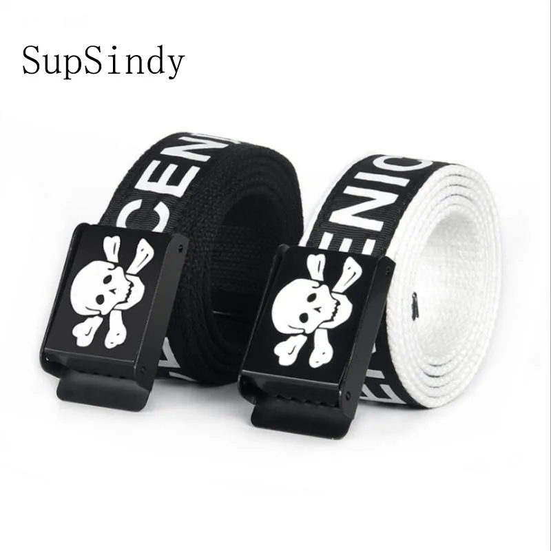SupSindy, унисекс, обычная лямка, пояс, Повседневный, брезентовый ремень, металлическая пряжка, для мужчин, женщин, мальчиков, джинсы, ремни, Череп, высокое качество, черный, 110 см