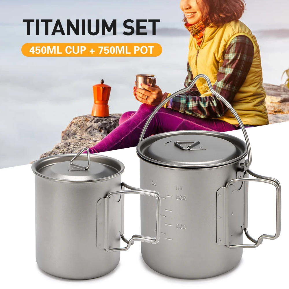 

400ml/450ml Lightweight Titanium Cup 750ml Titanium Hanging Pot Outdoor Tableware Sets Outdoor Camping Picnic Portable Drinkware