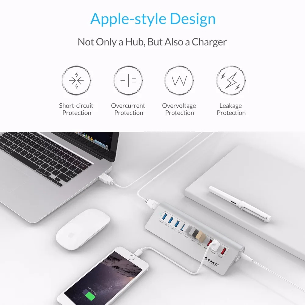 ORICO Aluminum 7 Port USB3.0 Hub with 3 Charging for Smartphones Tablets Laptops Desktops M3H73P-U3-V1 | Компьютеры и офис