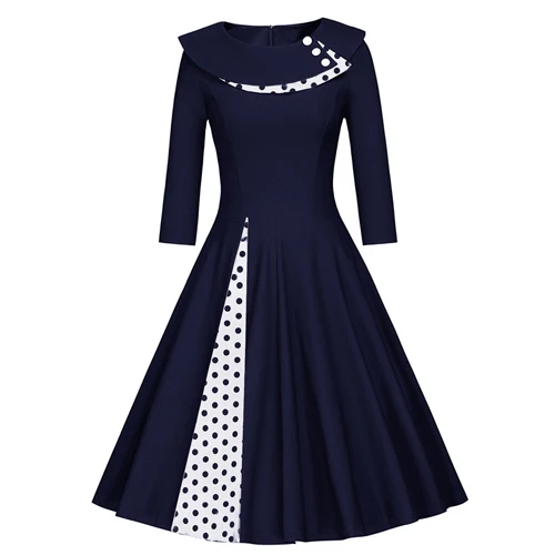 Синий OTEN женские винтажные Ретро 50s 60s с длинным рукавом рокабилли pin up двухслойные в горошек с принтом Одри Хепберн vestido миди платья - Цвет: Синий