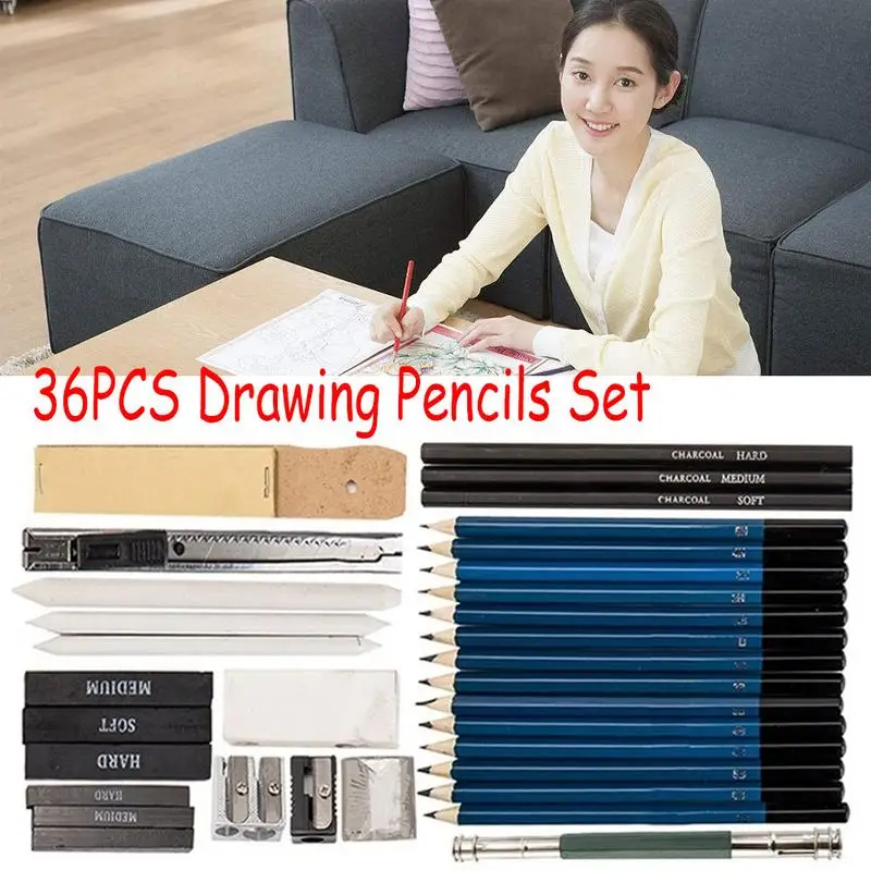 36PCS Set 36 шт. набор карандашей для рисования для студентов, художников, эскизов, карандашные карандаши, инструмент для рисования, школьные принадлежности для рисования с эскизом, бумага на молнии - Цвет: 36PCS Set