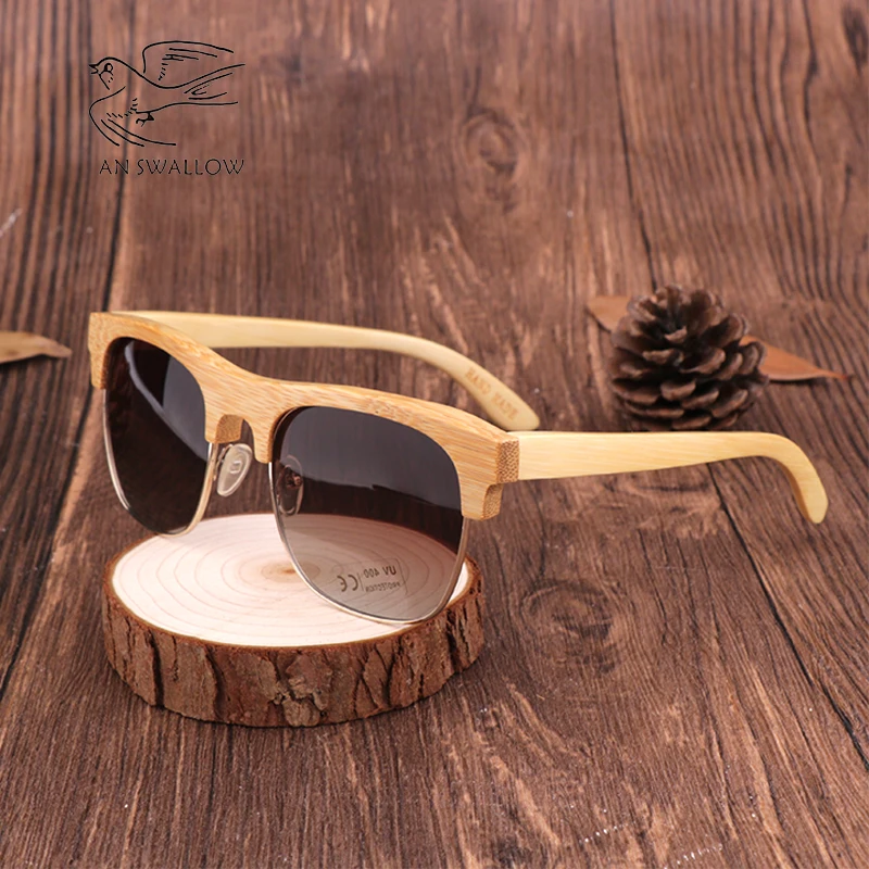 Классические солнцезащитные очки в полуоправе бамбуковой оправе модные мужские