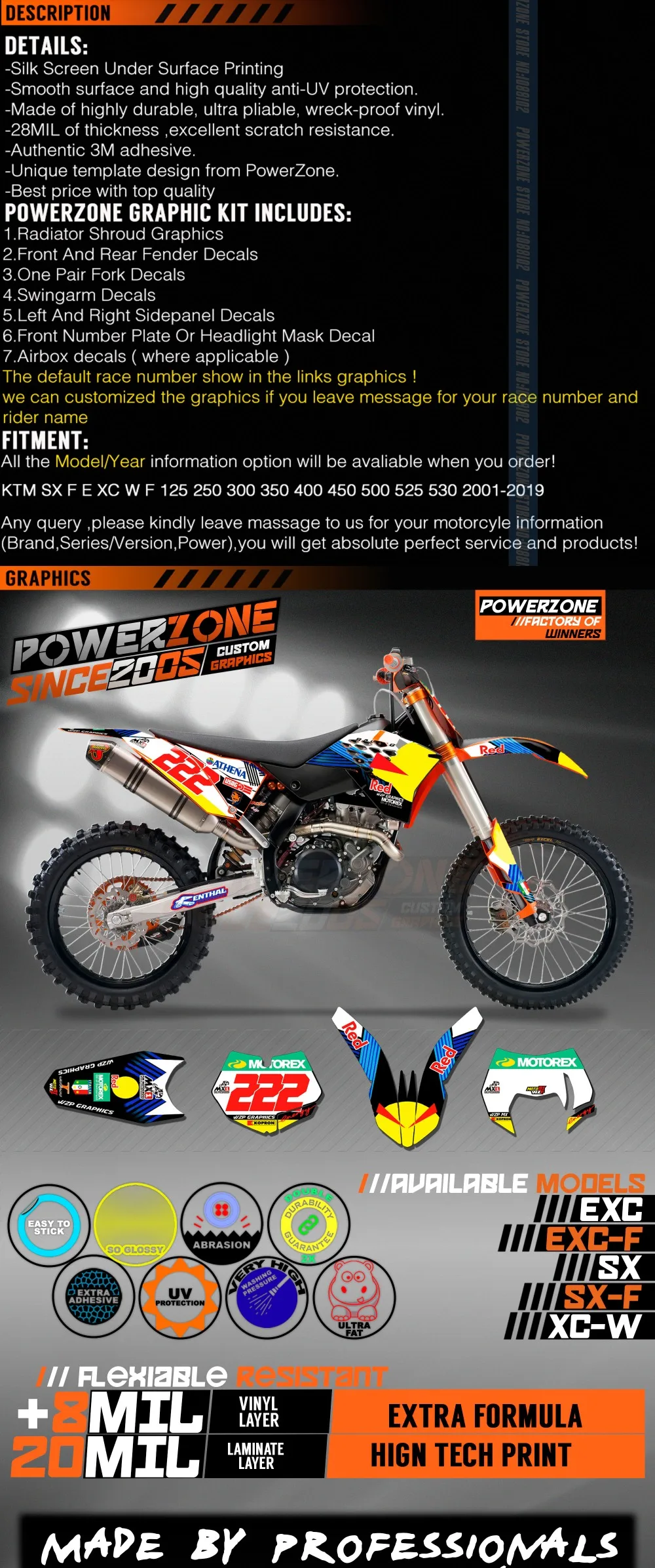 PowerZone на заказ футбольной команды Графика Фоны наклейки 3м-наклейки комплект для KTM SX SXF MX EXC XCW Enduro 125cc к 500cc 2007-2011 бадминтонных ракеток 015