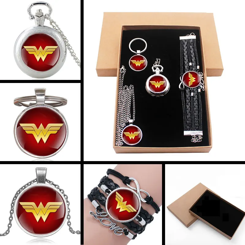 Классическая мода Wonder Woman Серебряный подарочный набор ювелирных изделий есть карманные часы и кулон ожерелье и брелок браслет с подарочной коробкой