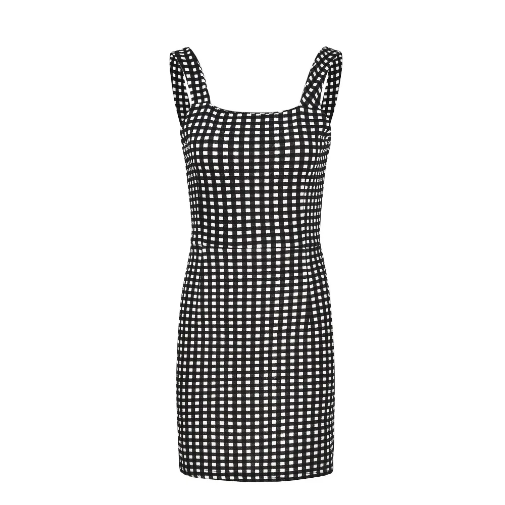 Hollow Out Bow Plaid Print Slim Dress Retro Strapped Square Collar Sexy Pencil Dresses Beach Style White+Black Backless Summer | Женская