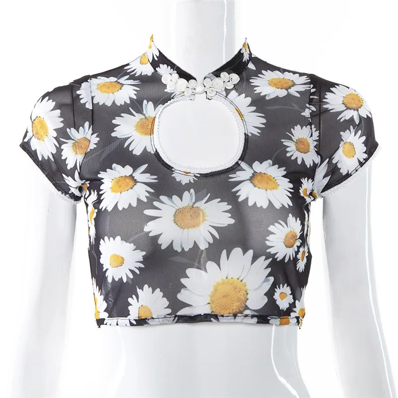 T-Shirt Women's Perspective Print Short Sleeve Chinese Style Hollow Out Tee Tops Sexy Mesh Transparent Cropped Shirt | Женская